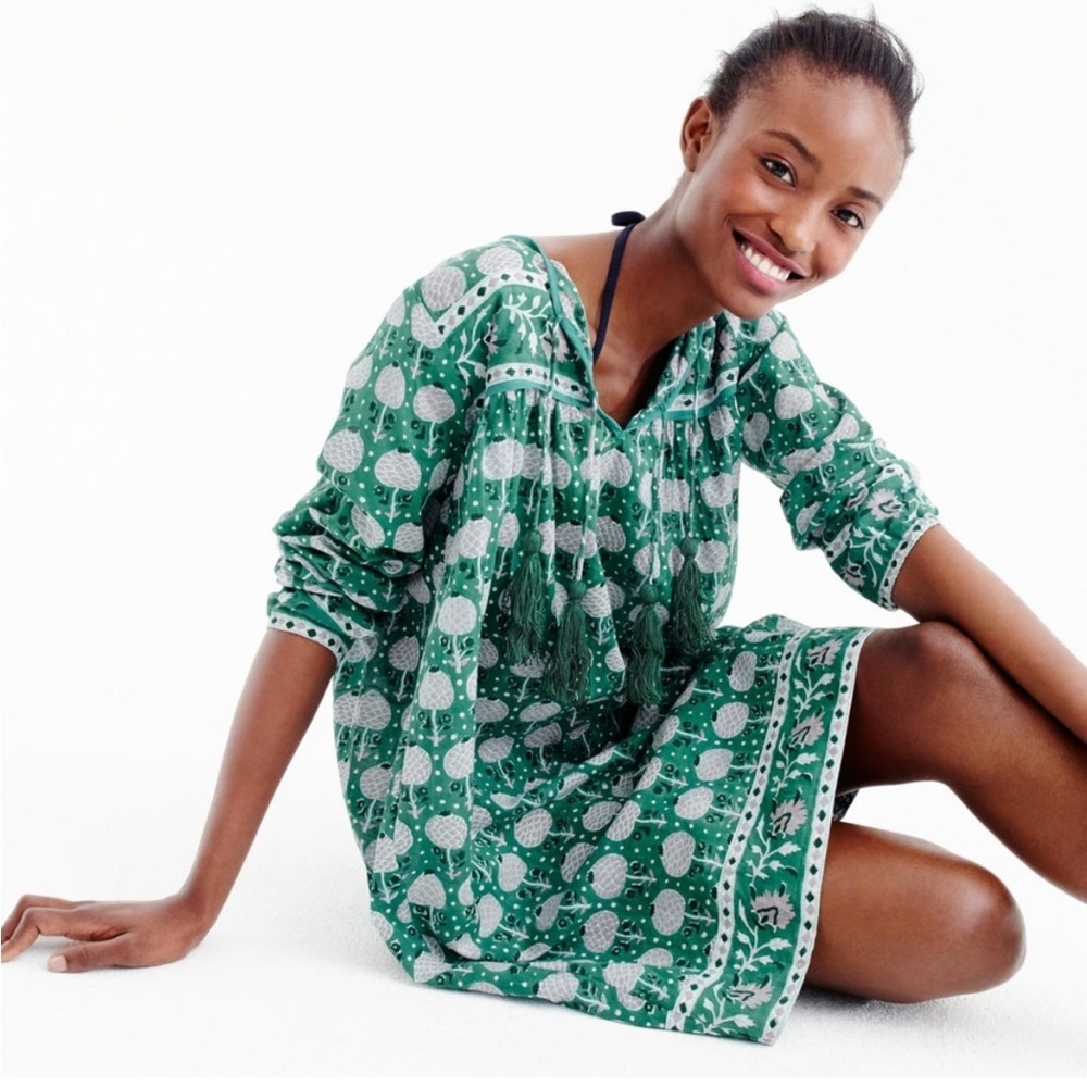 SZ BLOCKPRINTS x J Crew Leyla tie long sleeve cotton tunic dress O/S
